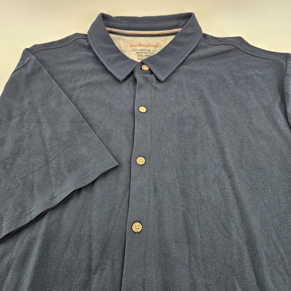 Weatherproof Vintage Men XXL Navy Blue Short Sleeve Button Up Polo Shirt Cotton